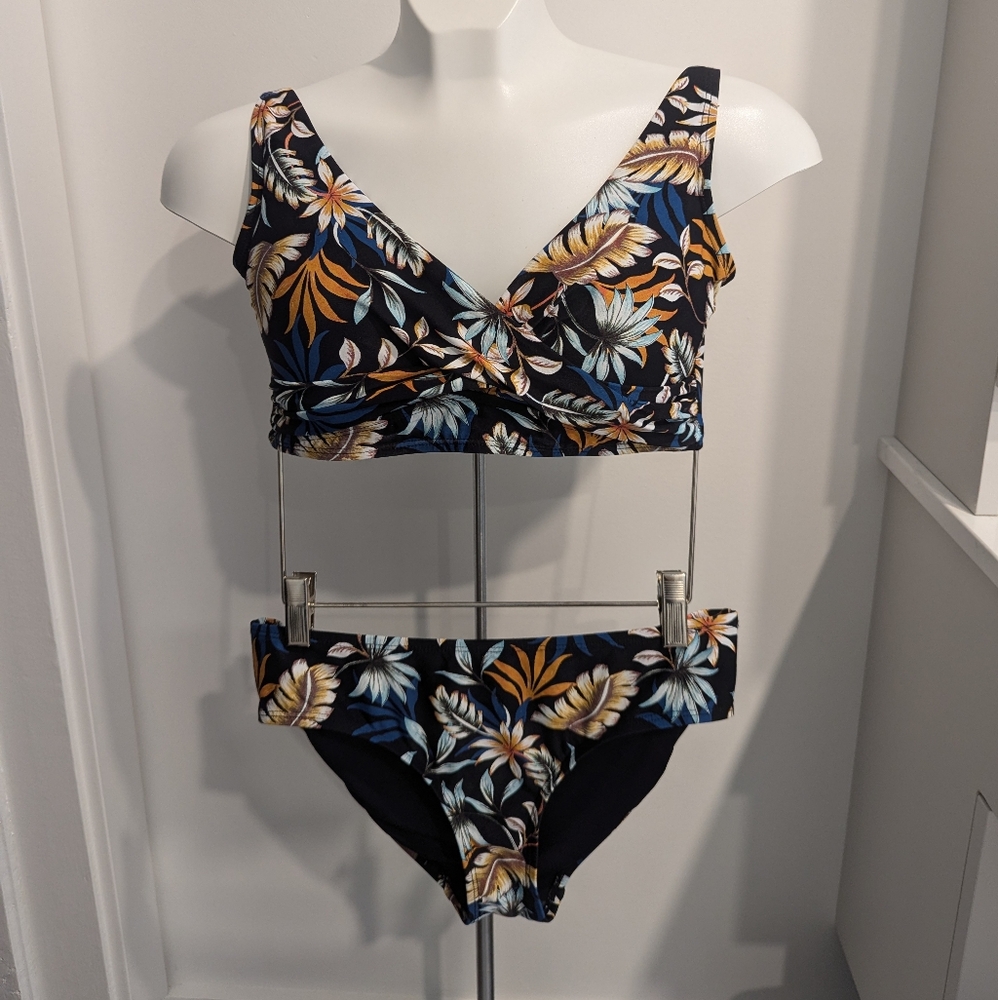 Women's Floral Wrap Bikini Top and Bottom - Navy Multi